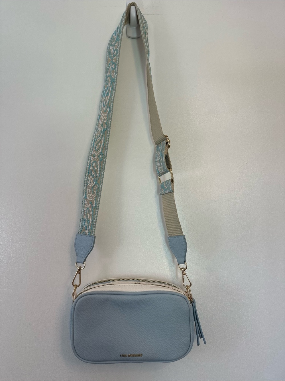 Light Blue Crossbody Camera Bag with Decorative Strap by
